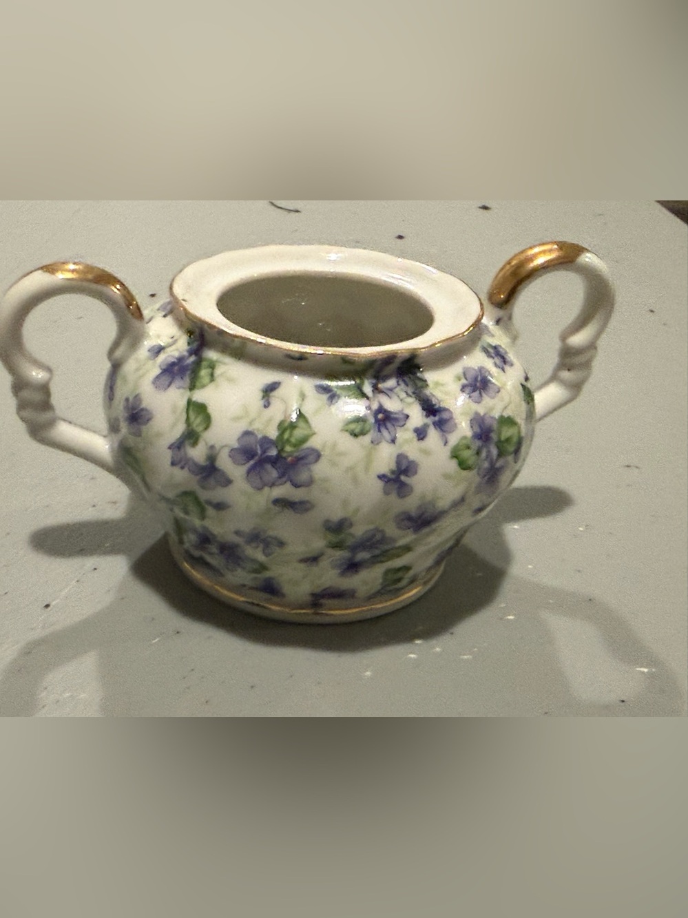 Lefton Porcelain Sugar Bowl with Purple Floral Design and Gold Trim